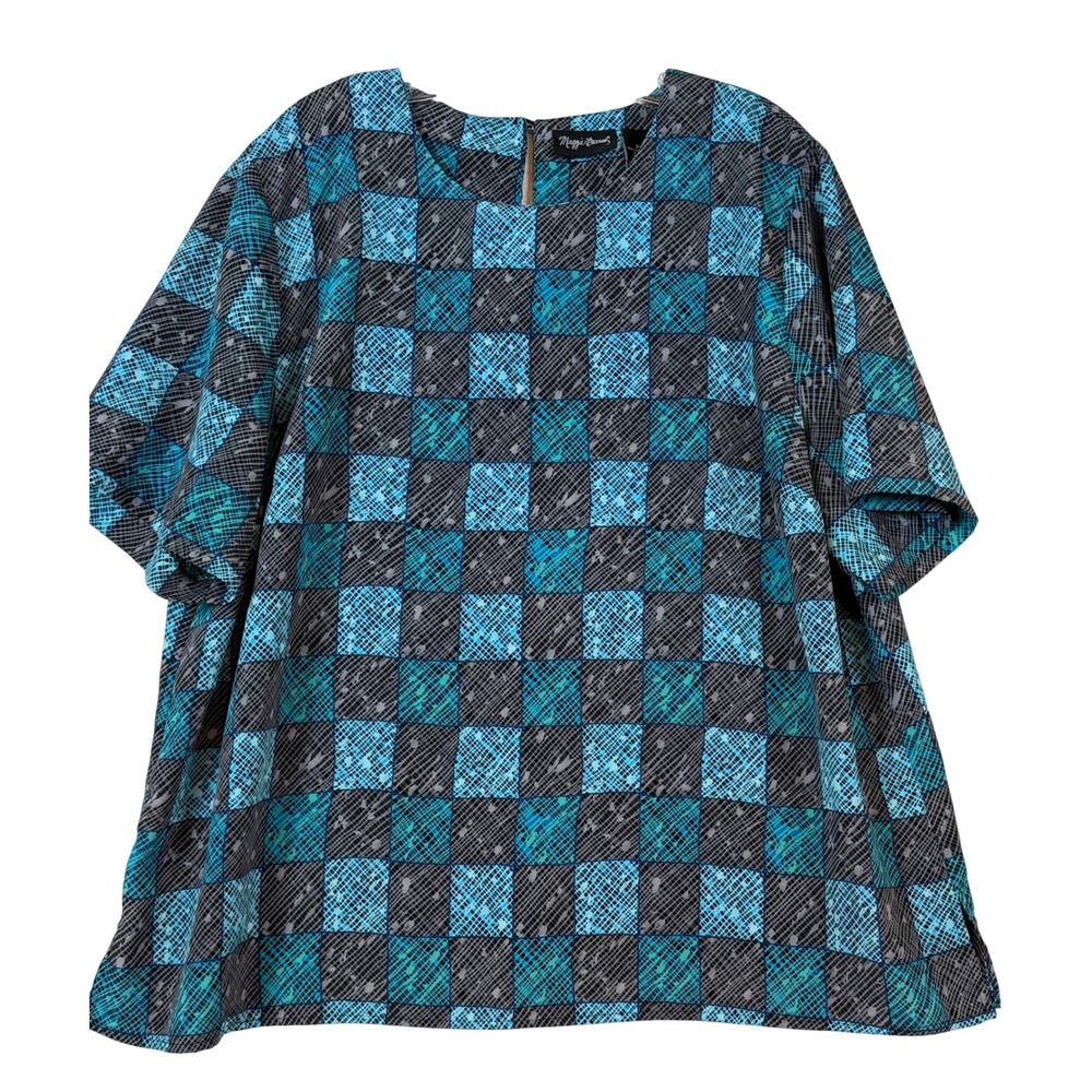 Maggie‎ Barnes Womens 2X Teal Grey Checkered Short Sleeve Blouse Plus Size Top